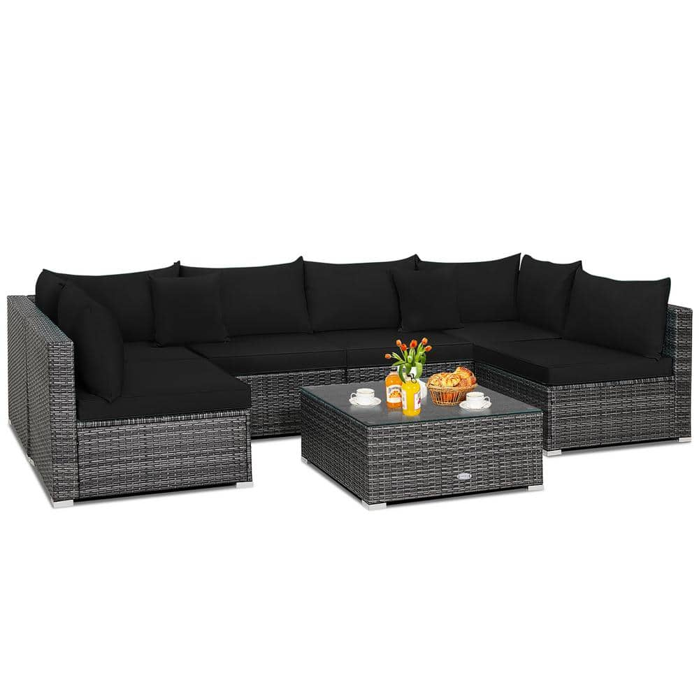 7-Piece Patio Rattan Furniture Set Sectional Sofa Cushioned Garden Black -  Costway, HW70439DK+