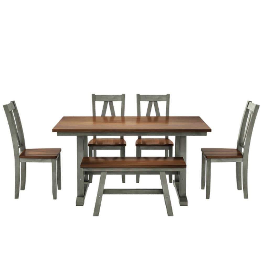 Walnut and Gray 6-Piece Farmhouse Style Wood Table Classic Triangular Back 
