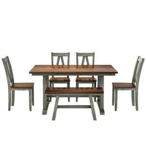 Walnut and Gray 6-Piece Farmhouse Style Wood Table Classic Triangular Back Chairs and Long Bench Outdoor Dining Set