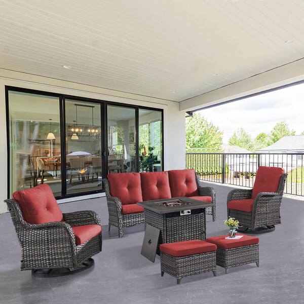 ArcoBay 6-Piece Gray Wicker Patio Square Fire Pit Conversation Set with Red Cushions and Swivel Rocking Chairs