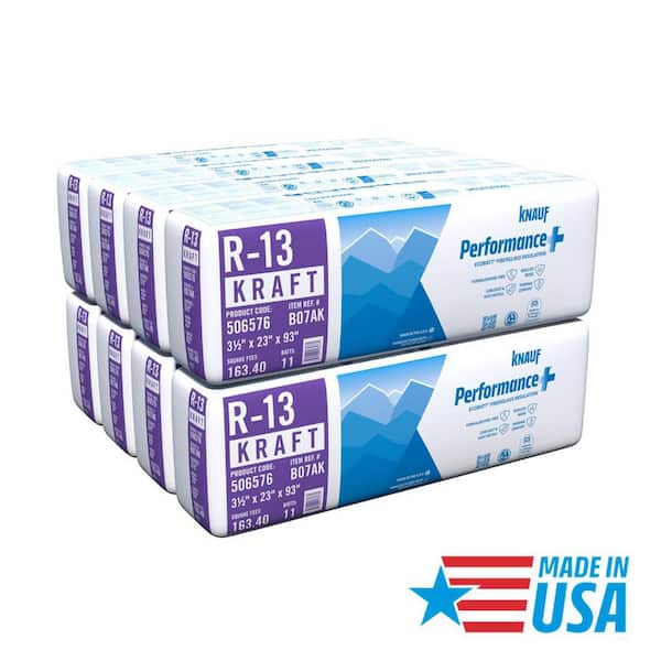 R13 Kraft Faced 23 in. x 93 in. Precut Fiberglass Insulation Batts for 2x4 Wall - Sound-Reducing and USA Made (8-Bags)