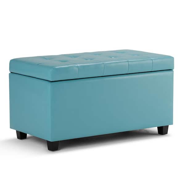 Simpli Home Cosmopolitan 34 in. Wide Transitional Rectangle Storage Ottoman in Soft Blue Faux Leather