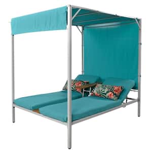 2-Person White Metal Patio Outdoor Sunbed Day Bed with Blue Cushions