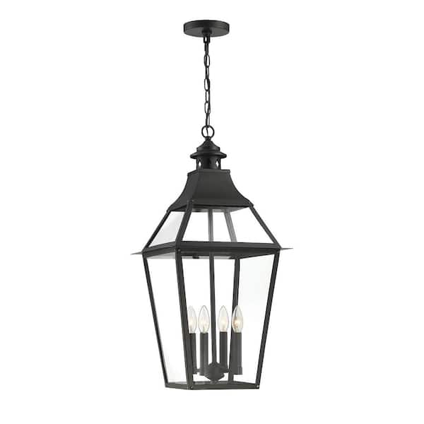 Savoy House Jackson 14 in. W x 29.25 in. H 4-Light Matte Black with Gold Highlights Outdoor Hanging Lantern with Clear Glass Panes