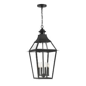 Jackson 14 in. W x 29.25 in. H 4-Light Matte Black with Gold Highlights Outdoor Hanging Lantern with Clear Glass Panes