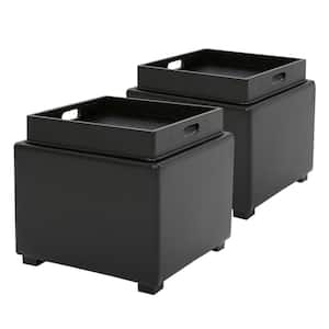 Riley 18 in. Wide Leather Contemporary Square Storage Ottoman with Tray Serve as Side Table in Black (Set of 2)