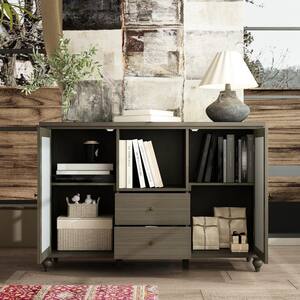 47.2 in. Wide Gray 5-Shelves Wooden Grain Mirrored Lower Boookcase, Storage Cabinet, Sideboard with 2-Drawers
