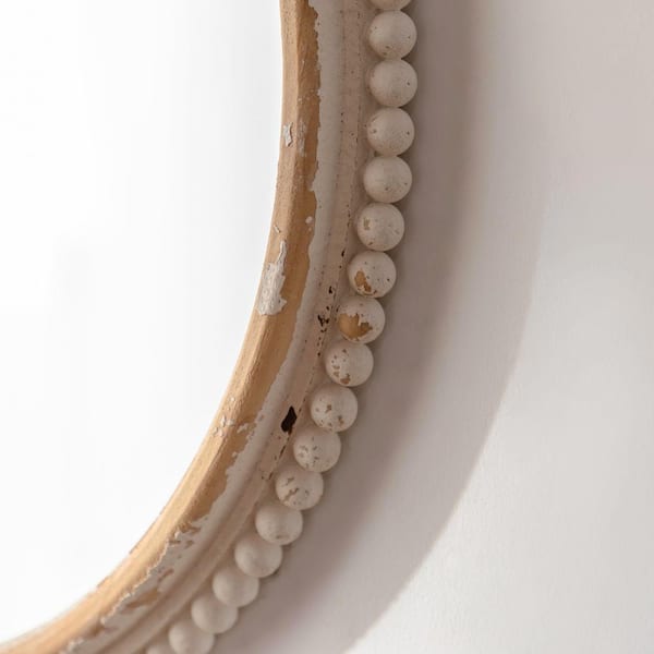 27 in. W x 27 in. H Antiqued White Beaded Wood Round Framed Wall Bathroom Vanity Mirror