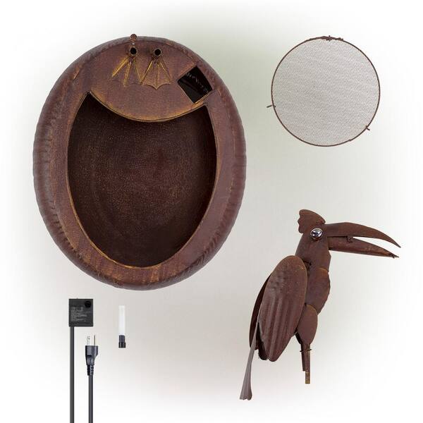 Alpine Corporation - 16 in. Tall Indoor/Outdoor Rustic Metal Toucan Water Fountain Yard Statue Decoration, Brown