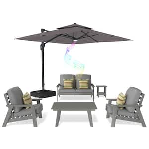 6-Piece Plastic Patio Conversation Set Deep Seating Set with Patio Cantilever Umbrella, Coffee Table and Gray Cushions