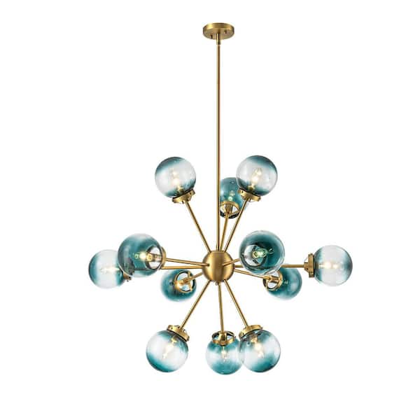 Rennnsan Ifill 12-Light Modern Glam Brushed Gold Linear Sputnik Gradient Blue Glass Globe Bubble Chandelier