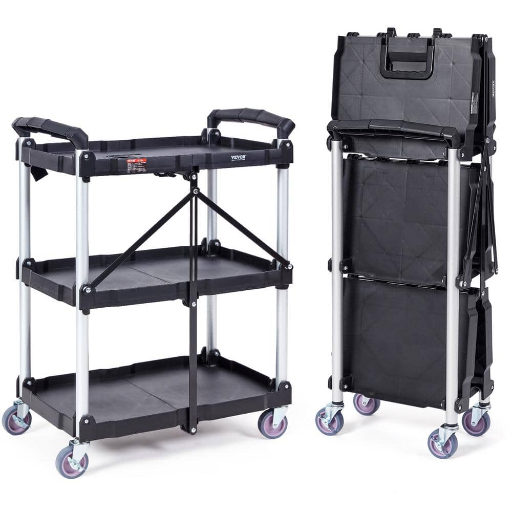 VEVOR 3-Shelf Foldable Utility Service Cart 165 lbs. Capacity Heavy Duty Plastic Rolling Cart in Black with Lockable Wheels