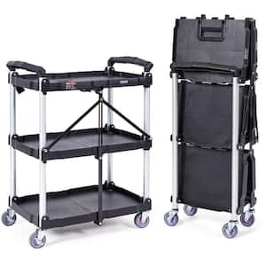 3-Shelf Foldable Utility Service Cart 165 lbs. Capacity Heavy Duty Plastic Rolling Cart in Black with Lockable Wheels