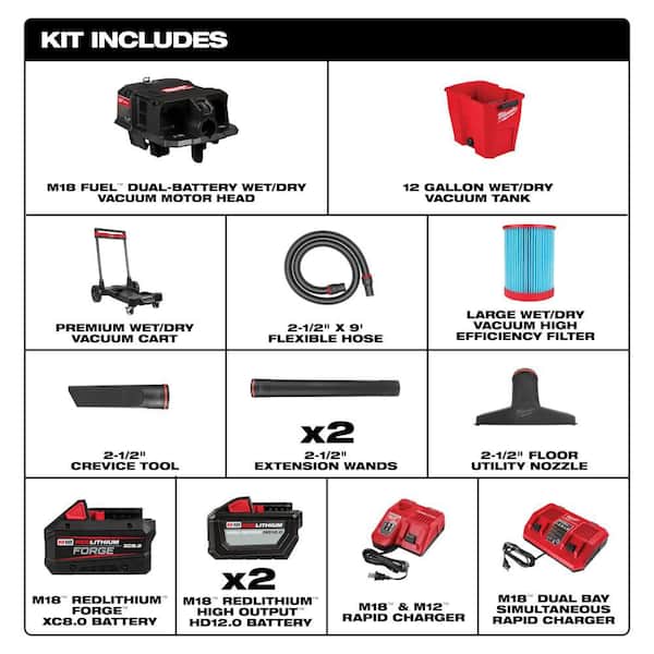 Milwaukee M18 FUEL 12 Gal. DUAL BATTERY Wet/Dry Shop Vacuum Kit