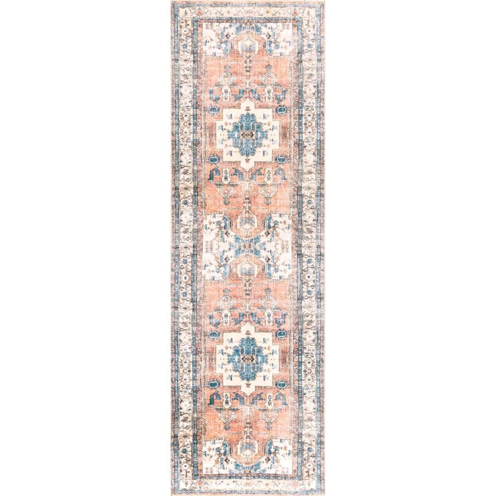 Multi-Color Distressed Medallion Machine Washable Runner Rug, 2' 6" x 10'