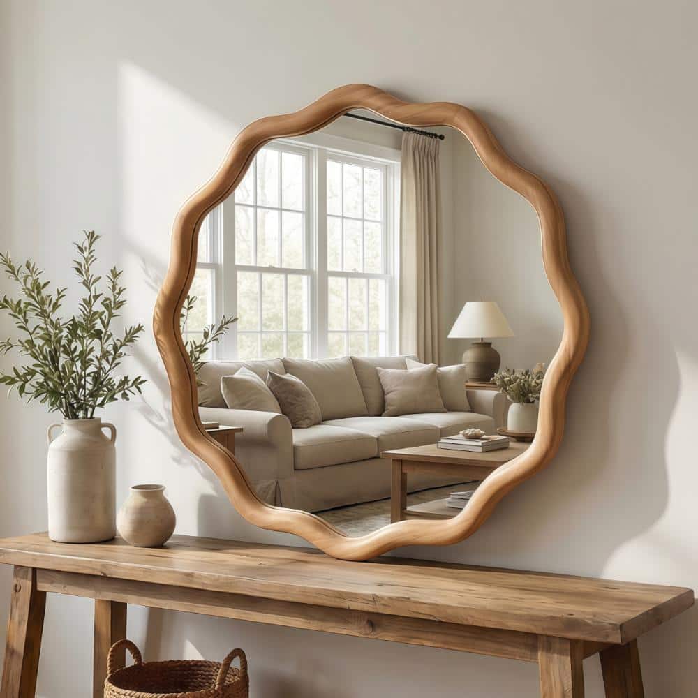 24 in. W x 24 in. H Wavy Round Solid Wood Frame Decorative Mirror in Oak