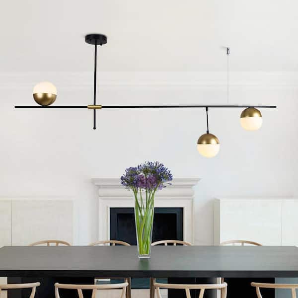 Y'INSP 3 Light Black and Brass Mid-Century Modern Liner Chandelier for Dining Room with Milk White Glass and No Bulbs Included