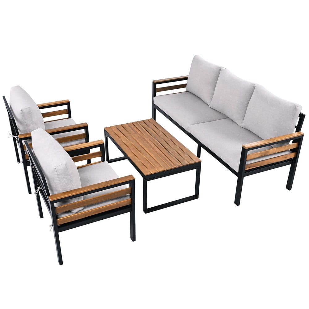 4-Piece Metal Outdoor Sectional Set with Acacia Wood Armrests and Removable