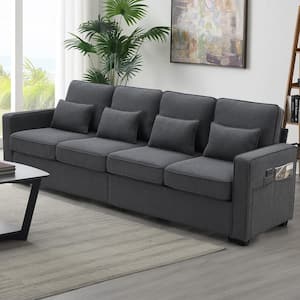 104 in. W Square Arm Linen Upholstered Rectangle Sofa in. Dark Gray with Armrest Storage Pockets and 4-Pillows