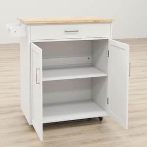 Rolling White Wood 32.68 in. Kitchen Island with Drawers and Towel Rack