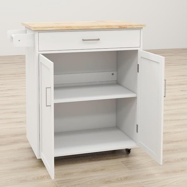 Unbranded Rolling White Wood 32.68 in. Kitchen Island with Drawers and Towel Rack