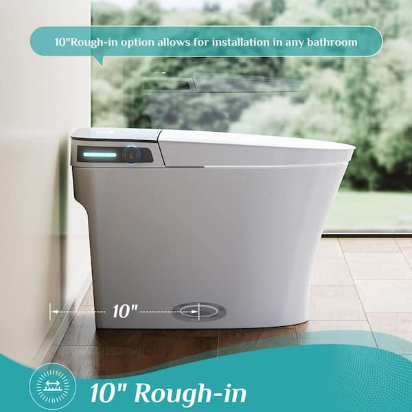 10 in. Rough-In Tankless Elongated Smart Toilet Bidet 1/1.27 GPF in White w/ Auto Open/Close, Foot Sensor, Ambient Light