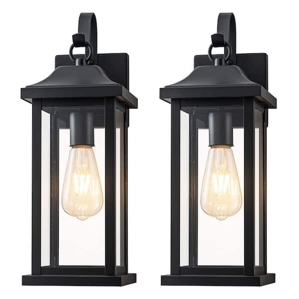 16.75 in. Black Outdoor Hardwired Wall Lantern Sconce with Clear Tempered Glass, No Bulbs Included