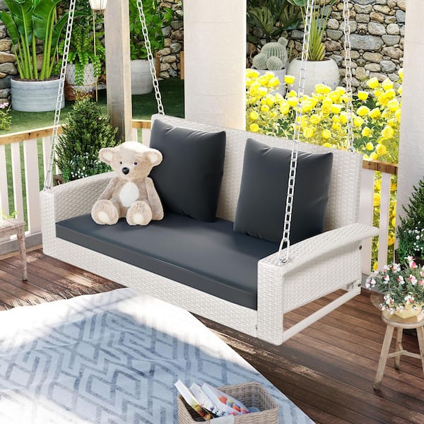 Cesicia 2-Person White Wicker Porch Swing Chair with Gray Cushion