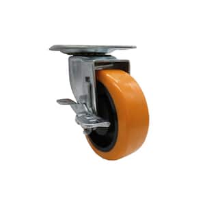 4 in. Orange Rubber Like TPU and Steel Swivel Plate Caster with Locking Brake and 300 lbs. Load Rating