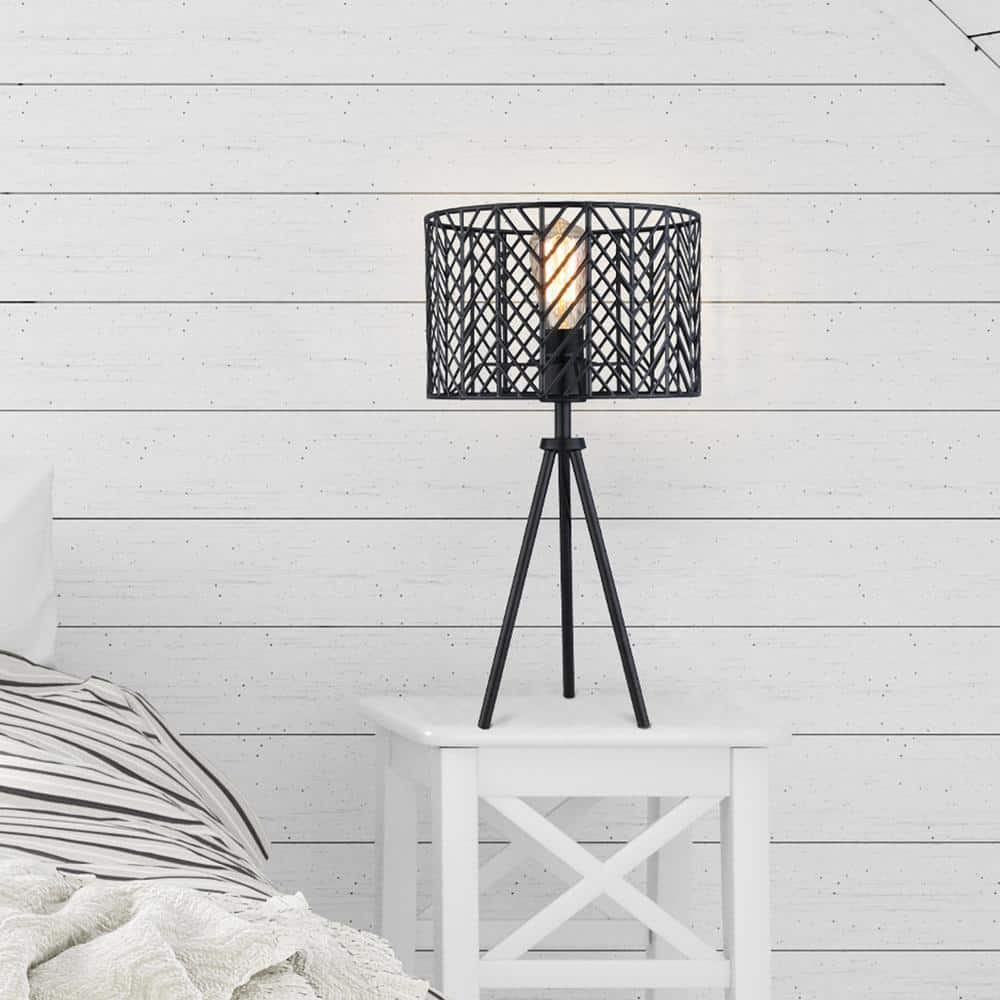 18.5" Black Metal Tripod Table Lamp with Cage Shade