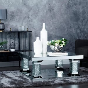 39 in. Silver Medium Square Wood Mirrored Coffee Table with Crystal Embellishments