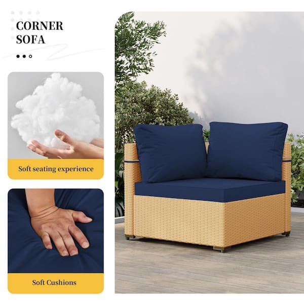 Yellow 7-Piece Wicker Patio Conversation Seating Set with Navy Blue Cushions