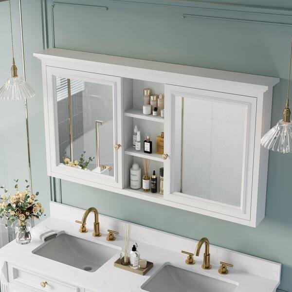 55 in. W x 30 in. H Rectangular Solid Wood White Medicine Cabinet with Mirror Surface Mount