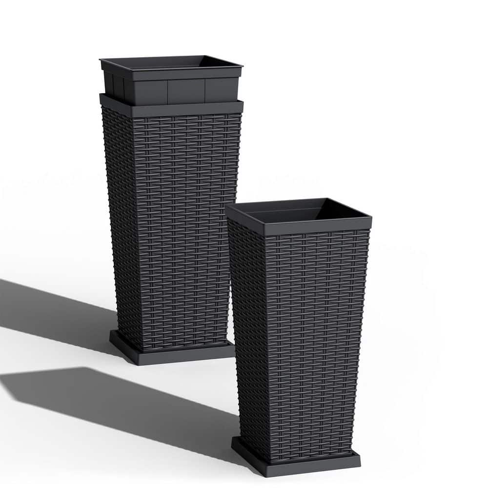 Tozey Rattan Texture Black Outdoor Resin Tapered Planter Set with