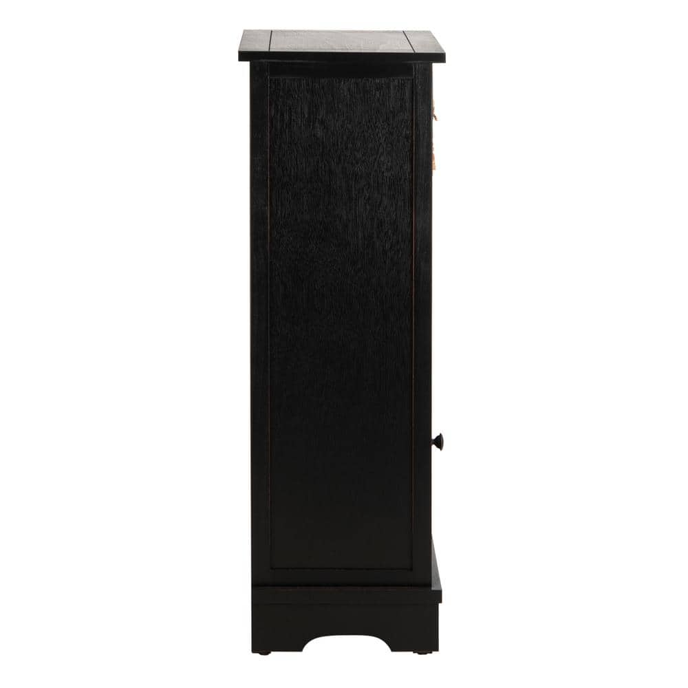 Distressed Black Pine Wood Accent Cabinet with Wicker Baskets