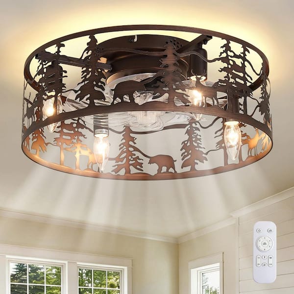17.7 in. 4-Light Bronze Rustic Forest Flush Mount Ceiling Fan with Light, Metal Low Profile Fandelier Fan with Remote