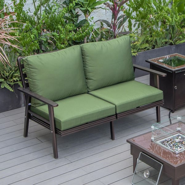 Leisuremod Walbrooke Brown 1-Piece Metal Outdoor Loveseat with Green Cushions