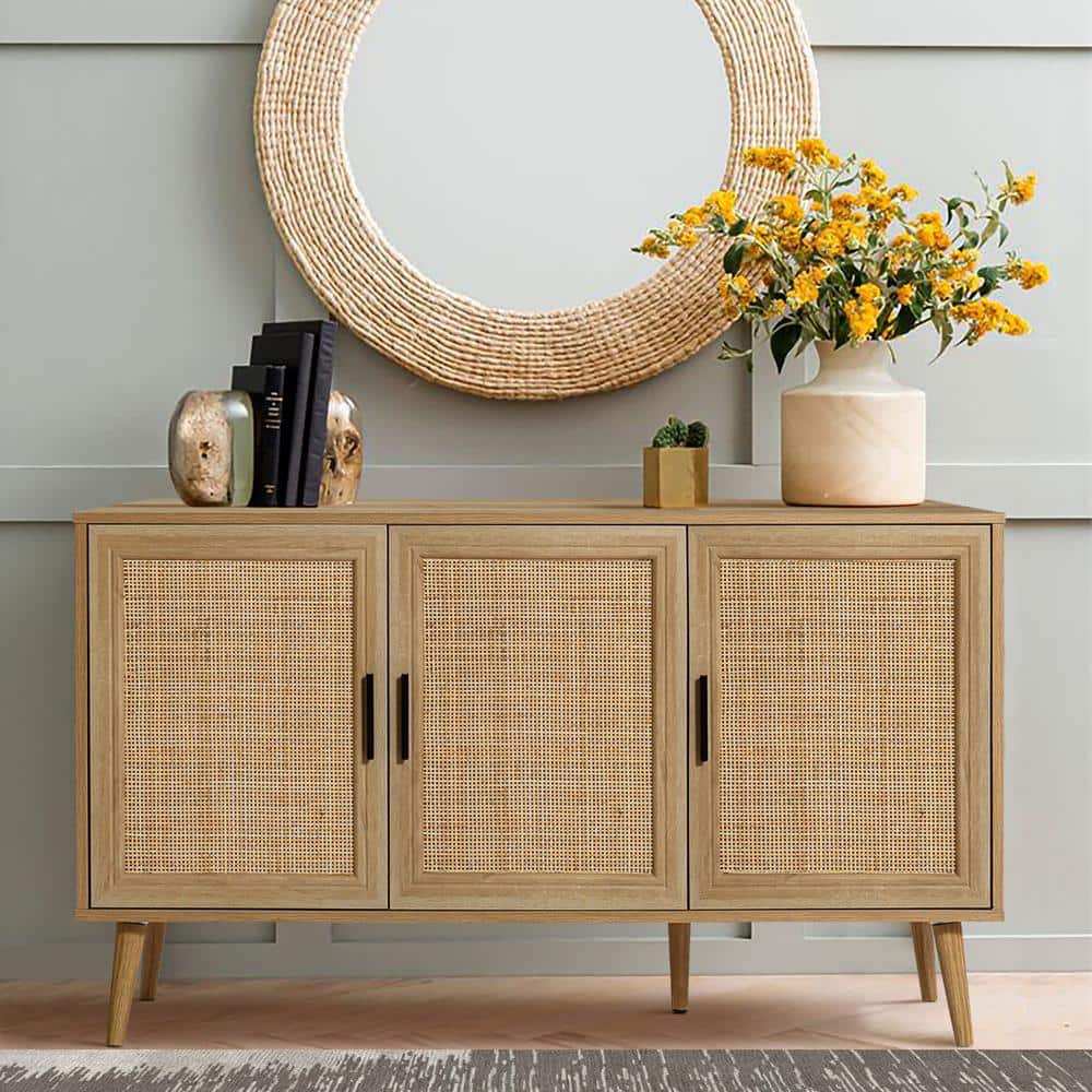 Light Oak 3-Door Rattan and Wood Sideboard Cabinet