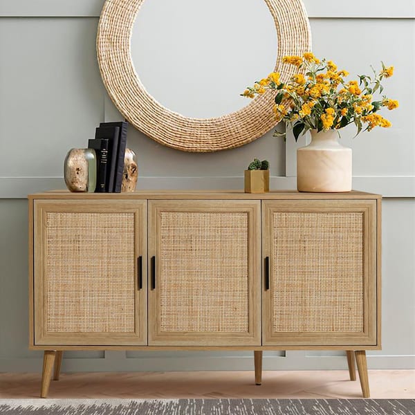 LuxenHome Light Oak 27.76 in. H 3-Door Rattan Wood Sideboard