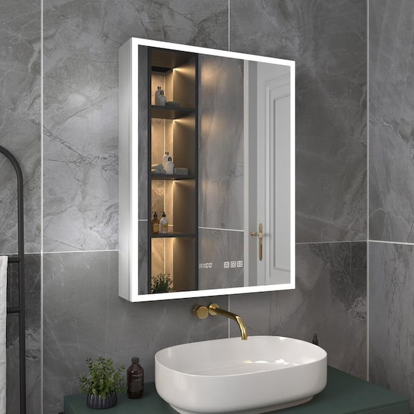 24 in. W x 32 in. H Silver Aluminum Recessed or Surface Mount Right Medicine Cabinet with Mirror LED and Clock