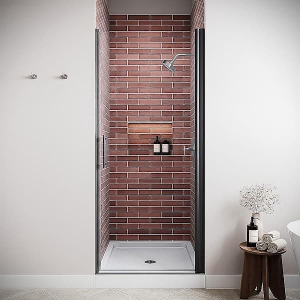Foro 34 in. W x 72 in. H Semi-Frameless Pivot Shower Door w/CrystalTech Treated 1/4 in. Clear Glass Matte Black Hardware