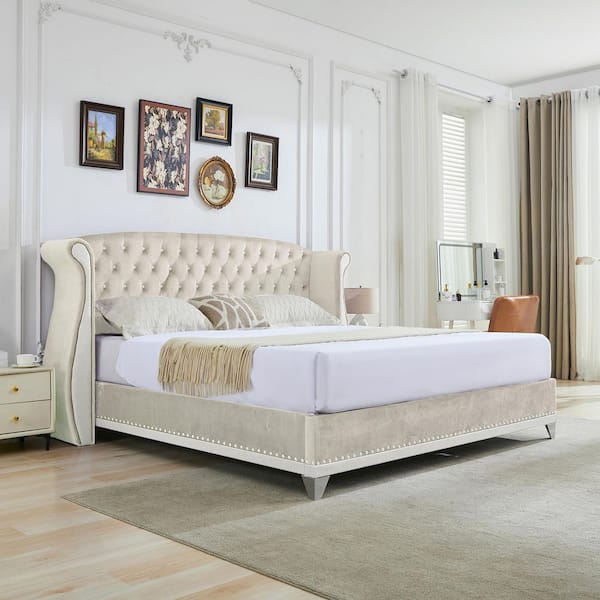 Lara Beige Velvet Upholstered Wood Frame King Size Platform Bed with Tufted Wingback Headboard, Nailhead Trim