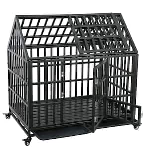 44 in. Black Metal Movable Dog Cage with 2-Detachable Trays, 1-Door, 1-Small Feeding Door, and 4-Lockable Wheels