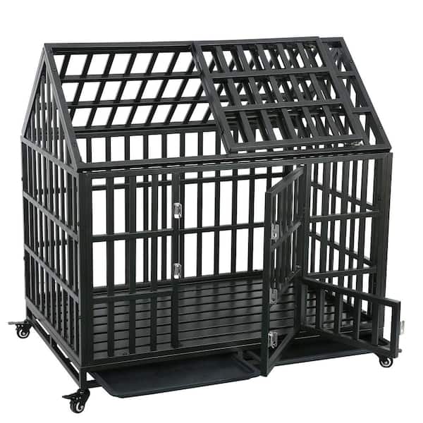 Tunearary 44 in. Black Metal Movable Dog Cage with 2-Detachable Trays, 1-Door, 1-Small Feeding Door, and 4-Lockable Wheels