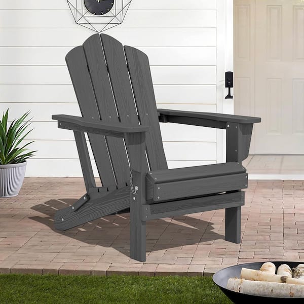Gray Folding HDPE Outdoor Patio Plastic Adirondack Chair with Ergonomic Design (1-Pack)