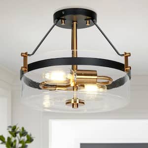 Modern Farmhouse Black Semi-Flush Mount, 12.5 in. 2-Light Plated Gold Kitchen Ceiling Fixture Light with Seeded Glass