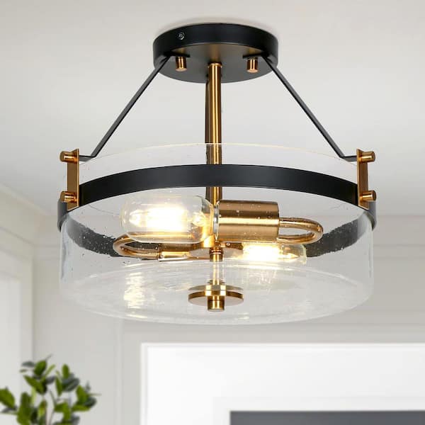 Uolfin Modern Farmhouse Black Semi-Flush Mount, 12.5 in. 2-Light Plated Gold Kitchen Ceiling Fixture Light with Seeded Glass