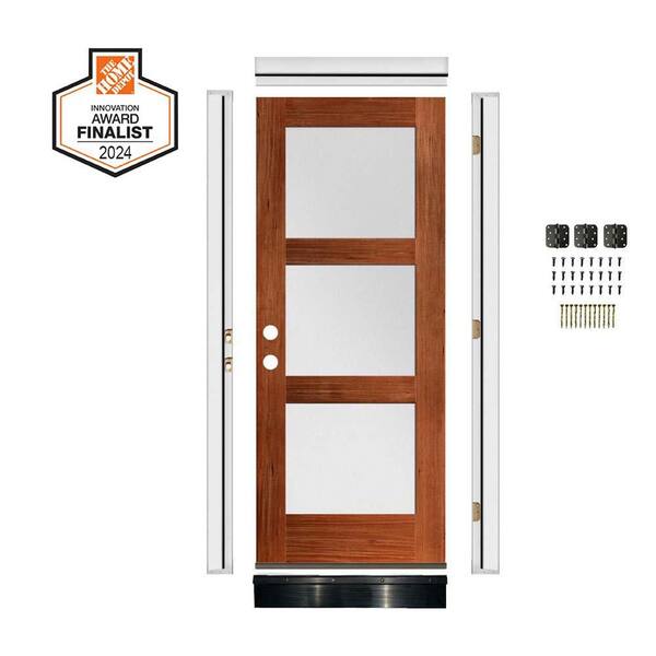DIY RTA KIT 36in.x80in. Modern Right-Handed 3 Lite Frosted Glass Red Chestnut Stain Wood Ready To Assemble Front Door
