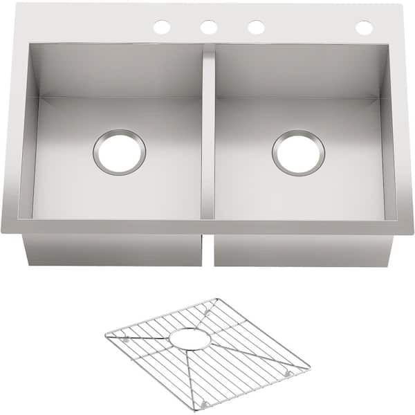 KOHLER Vault Dual Mount Stainless Steel 33 in. 4-Hole Double Bowl Kitchen Sink with Basin Rack