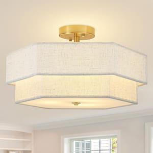 17.7 in. 3-Light Modern Gold Metal and Fabric Drum Semi Flush Mount Ceiling Light Fixture
